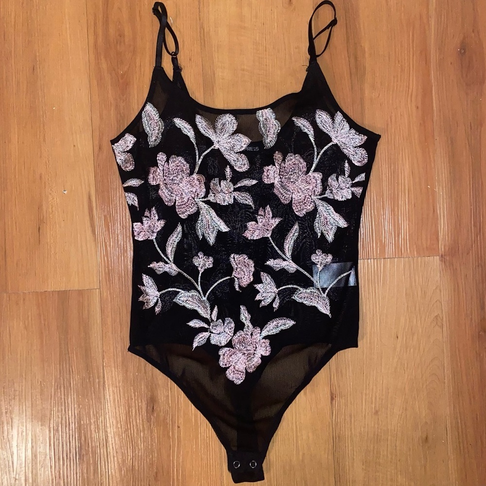 Express floral embroidered sheer thong body suit - Picture 3 of 3